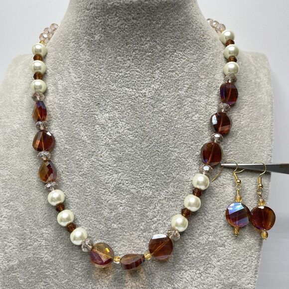 Artisan Amber Color Glass White Faux Pearl Beaded Necklace Earrings Set Stunning - Picture 1 of 8